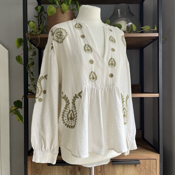 Zara Embroidered Top L 12 14 Ecru & Green Boho Peasant Balloon Sleeves Worn Once - Picture 5 of 6